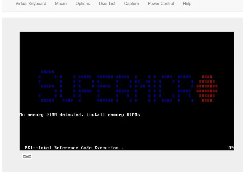 Screenshot of a Supermicro server boot screen displaying the message (No memory DIMM detected, install memory DIMMs) and (PEI--Intel Reference Code Execution...)