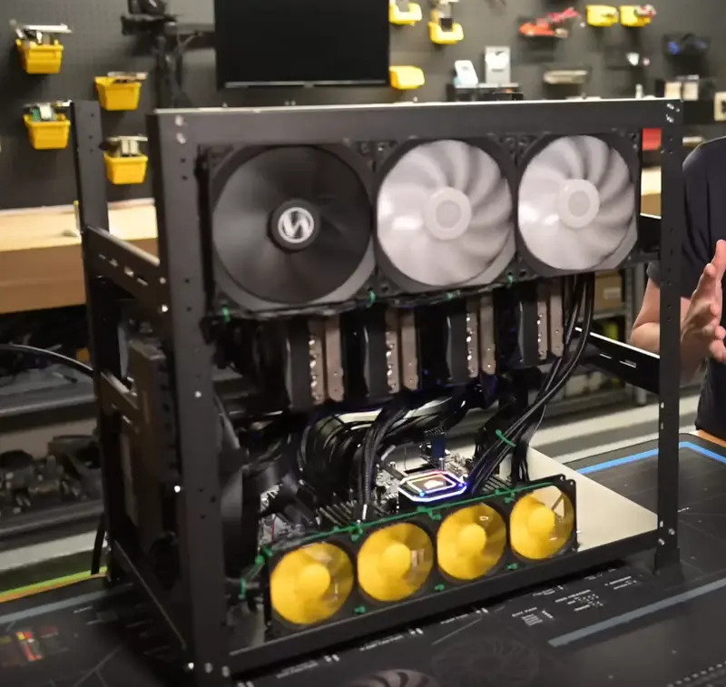 Photo of server with AMD Epyc, watercooling loop, in DIY metal cube case