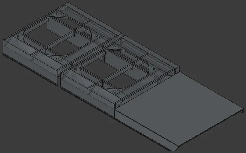 CAD render of two square fan shrouds located side-by-side with a third long duct.