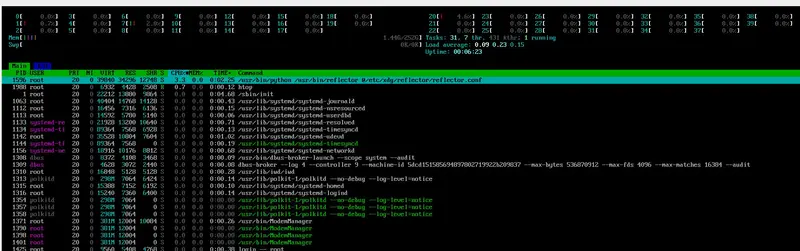 Screenshot of the htop system monitor showing running processes, CPU usage, memory usage, and system uptime on a Linux terminal.