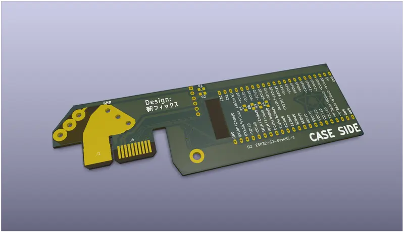 3D render of a custom PCB in KiCad featuring an ESP32-S2 development board footprint, gold-plated edge connector.
