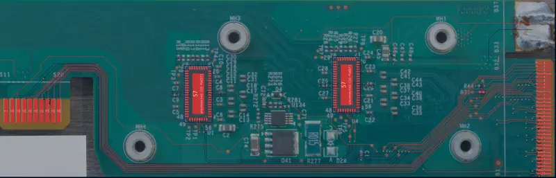 Image of a printed circuit board (PCB) showing electronic components, pads, and with highlighted electrical traces. Two integrated circuits (ICs) are highlighted with red rectangles labeled as having unconnected pads, and traces are visibly routed from the PCB edge connector pads toward the IC to Motherboard connector.
