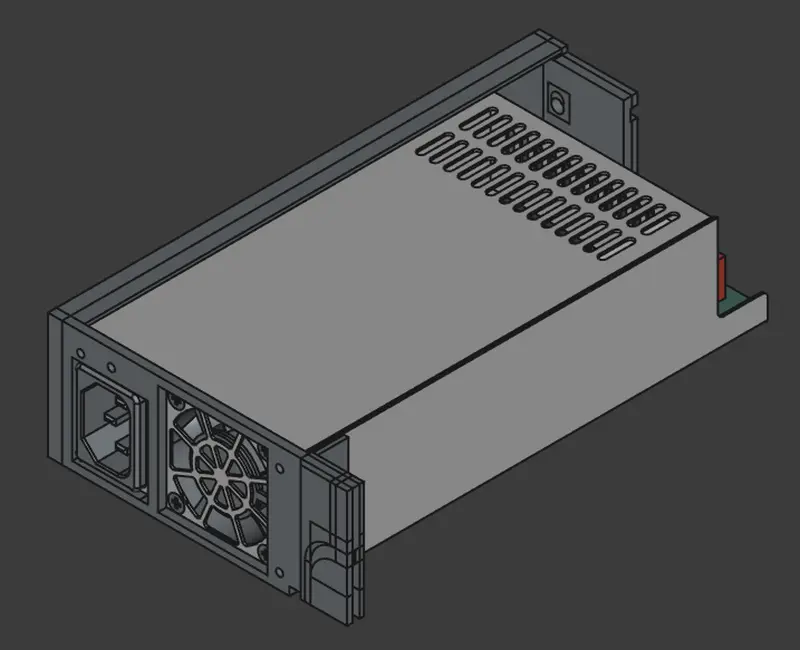 CAD render of a rectangular server power-supply module in a mounting bracket.