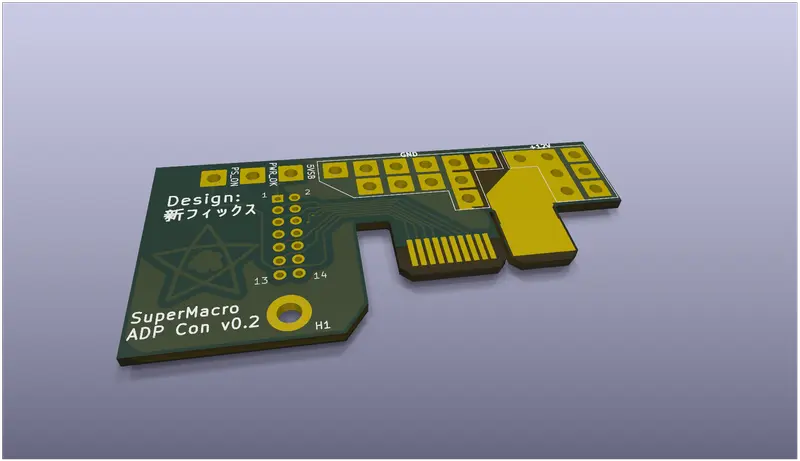 3D render of a green PCB adapter labeled “SuperMacro ADP Con v0.2” with gold pads, header holes, and edge connector fingers.