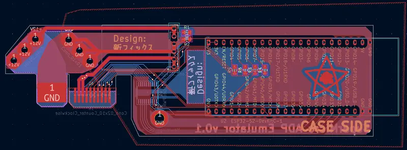 KiCad PCB layout showing traces, component outlines, and copper fills for a custom board with an ESP32-S2 and power connectors.