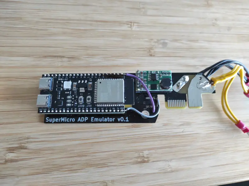Close-up photo of a custom PCB labeled 'SuperMicro ADP Emulator v0.1' with an ESP32-S2 development board, connected wires, and a voltage regulator module.